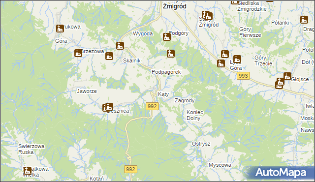 mapa Kąty gmina Nowy Żmigród, Kąty gmina Nowy Żmigród na mapie Targeo