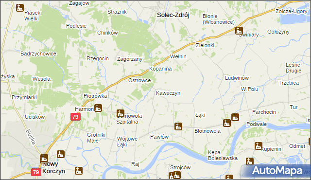 mapa Kawęczyn gmina Nowy Korczyn, Kawęczyn gmina Nowy Korczyn na mapie Targeo