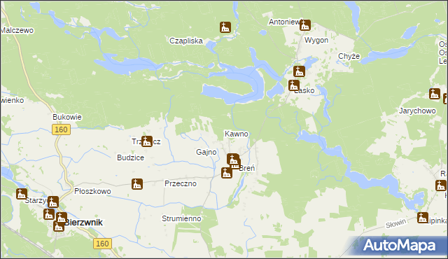 mapa Kawno gmina Bierzwnik, Kawno gmina Bierzwnik na mapie Targeo