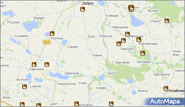 mapa Kawno gmina Chrostkowo, Kawno gmina Chrostkowo na mapie Targeo