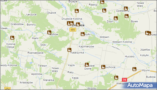 mapa Kazimierzów gmina Drużbice, Kazimierzów gmina Drużbice na mapie Targeo