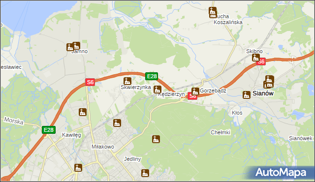 mapa Kędzierzyn gmina Sianów, Kędzierzyn gmina Sianów na mapie Targeo