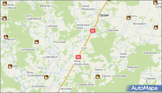 mapa Kicin gmina Ojrzeń, Kicin gmina Ojrzeń na mapie Targeo