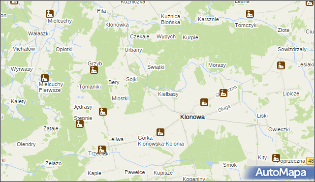 mapa Kiełbasy gmina Klonowa, Kiełbasy gmina Klonowa na mapie Targeo