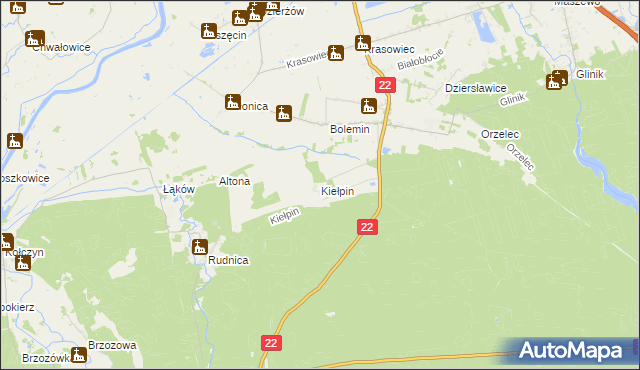 mapa Kiełpin gmina Deszczno, Kiełpin gmina Deszczno na mapie Targeo