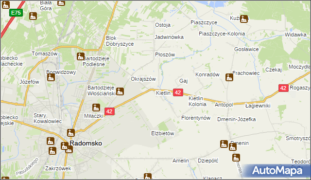 mapa Kietlin gmina Radomsko, Kietlin gmina Radomsko na mapie Targeo