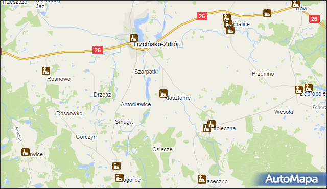 mapa Klasztorne gmina Trzcińsko-Zdrój, Klasztorne gmina Trzcińsko-Zdrój na mapie Targeo