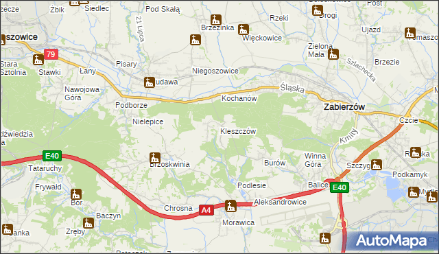 mapa Kleszczów gmina Zabierzów, Kleszczów gmina Zabierzów na mapie Targeo