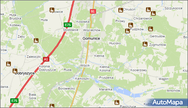 mapa Kletnia gmina Gomunice, Kletnia gmina Gomunice na mapie Targeo