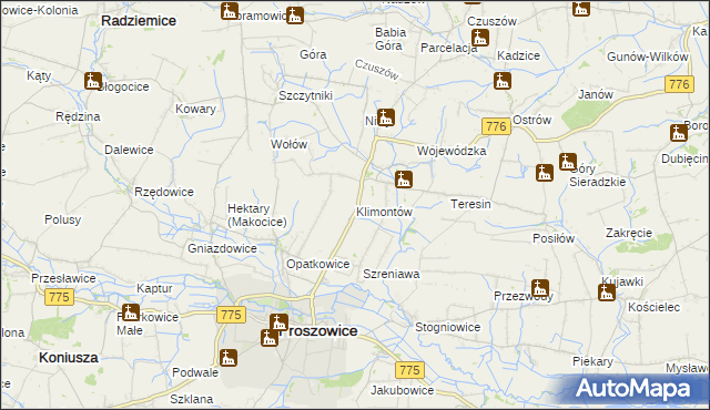 mapa Klimontów gmina Proszowice, Klimontów gmina Proszowice na mapie Targeo