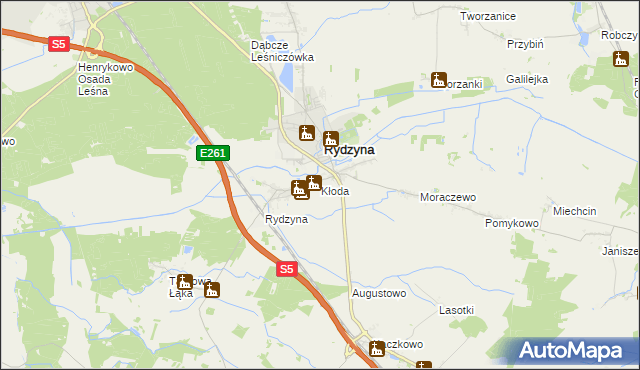 mapa Kłoda gmina Rydzyna, Kłoda gmina Rydzyna na mapie Targeo