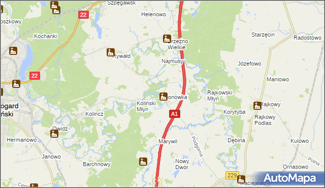 mapa Klonówka gmina Starogard Gdański, Klonówka gmina Starogard Gdański na mapie Targeo