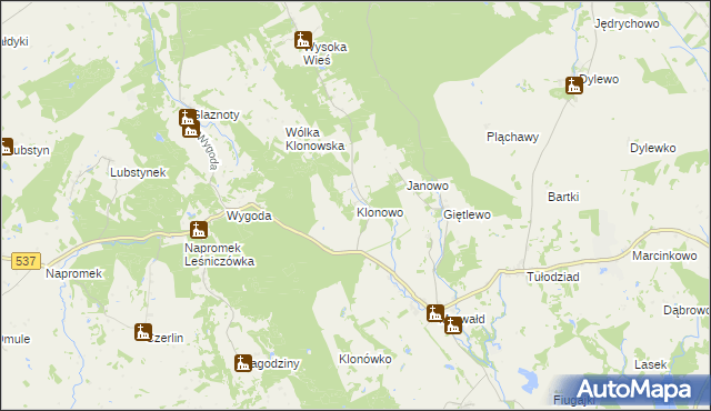 mapa Klonowo gmina Ostróda, Klonowo gmina Ostróda na mapie Targeo