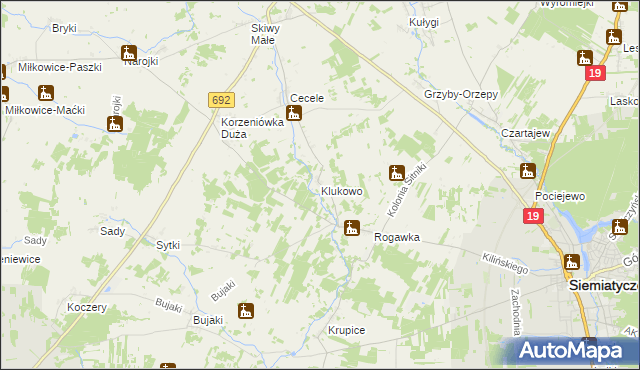 mapa Klukowo gmina Siemiatycze, Klukowo gmina Siemiatycze na mapie Targeo