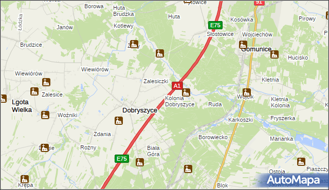 mapa Kolonia Dobryszyce, Kolonia Dobryszyce na mapie Targeo