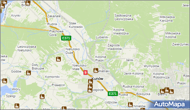 mapa Kolonia Piaski gmina Kunów, Kolonia Piaski gmina Kunów na mapie Targeo