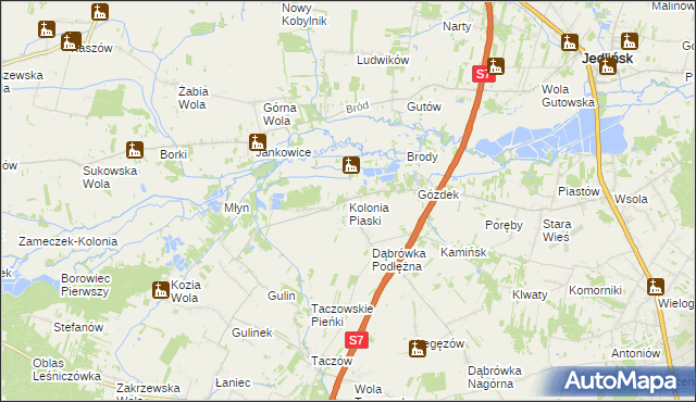 mapa Kolonia Piaski gmina Zakrzew, Kolonia Piaski gmina Zakrzew na mapie Targeo