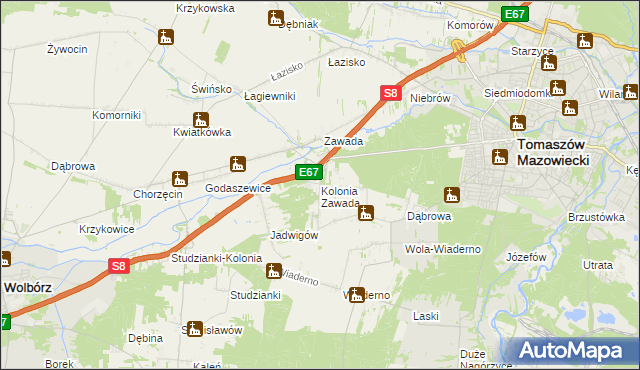mapa Kolonia Zawada gmina Tomaszów Mazowiecki, Kolonia Zawada gmina Tomaszów Mazowiecki na mapie Targeo