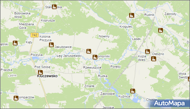 mapa Komorniki gmina Kluczewsko, Komorniki gmina Kluczewsko na mapie Targeo