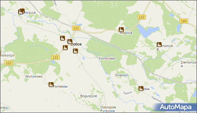 mapa Komorowo gmina Dolice, Komorowo gmina Dolice na mapie Targeo