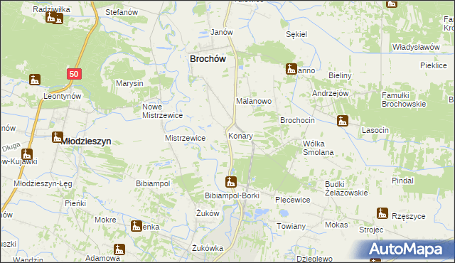 mapa Konary gmina Brochów, Konary gmina Brochów na mapie Targeo