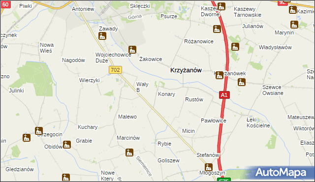 mapa Konary gmina Krzyżanów, Konary gmina Krzyżanów na mapie Targeo