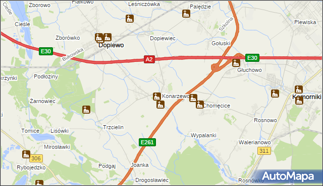 mapa Konarzewo gmina Dopiewo, Konarzewo gmina Dopiewo na mapie Targeo