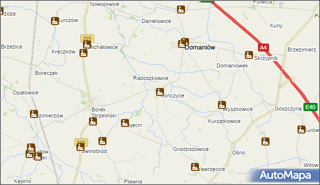 mapa Kończyce gmina Domaniów, Kończyce gmina Domaniów na mapie Targeo