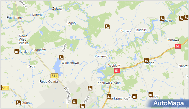 mapa Koniewo gmina Lidzbark Warmiński, Koniewo gmina Lidzbark Warmiński na mapie Targeo