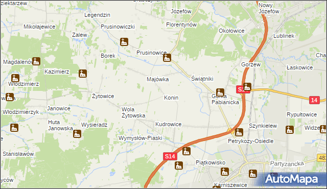 mapa Konin gmina Pabianice, Konin gmina Pabianice na mapie Targeo