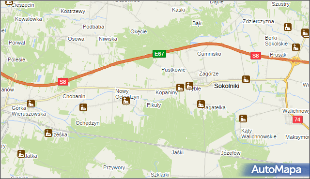mapa Kopaniny gmina Sokolniki, Kopaniny gmina Sokolniki na mapie Targeo