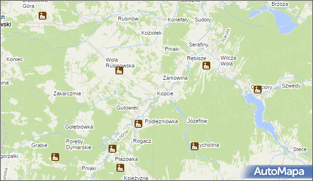 mapa Kopcie gmina Dzikowiec, Kopcie gmina Dzikowiec na mapie Targeo