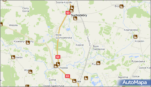 mapa Kopcie gmina Suchożebry, Kopcie gmina Suchożebry na mapie Targeo