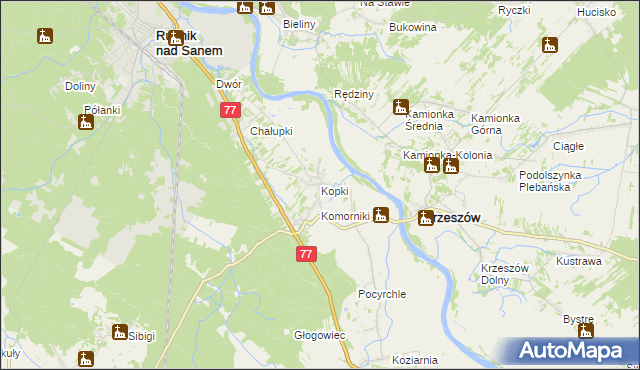 mapa Kopki gmina Rudnik nad Sanem, Kopki gmina Rudnik nad Sanem na mapie Targeo