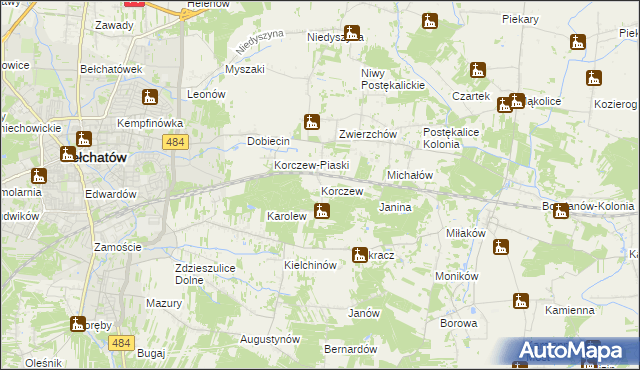 mapa Korczew gmina Bełchatów, Korczew gmina Bełchatów na mapie Targeo