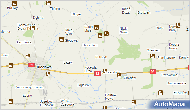 mapa Korczyn gmina Chodów, Korczyn gmina Chodów na mapie Targeo