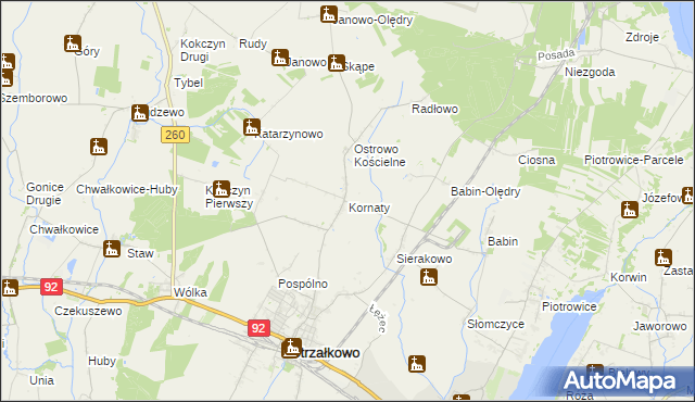 mapa Kornaty gmina Strzałkowo, Kornaty gmina Strzałkowo na mapie Targeo