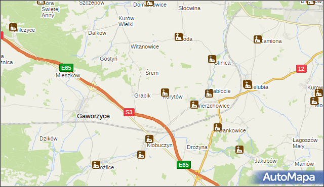 mapa Korytów gmina Gaworzyce, Korytów gmina Gaworzyce na mapie Targeo