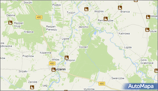 mapa Korzeń gmina Widawa, Korzeń gmina Widawa na mapie Targeo