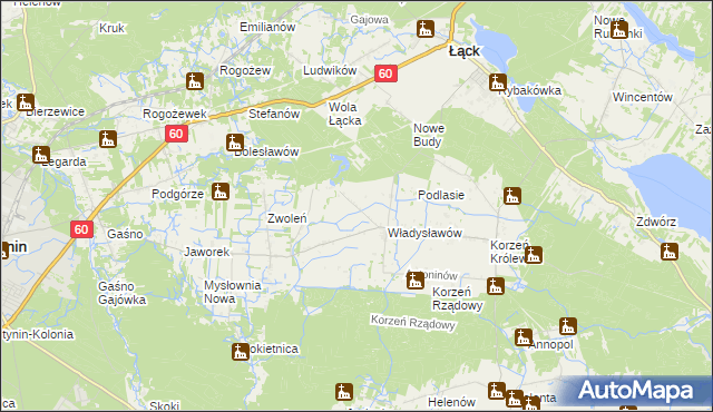mapa Kościuszków gmina Łąck, Kościuszków gmina Łąck na mapie Targeo