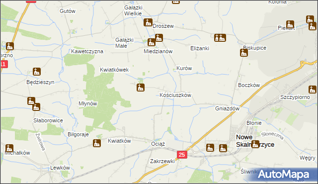 mapa Kościuszków gmina Nowe Skalmierzyce, Kościuszków gmina Nowe Skalmierzyce na mapie Targeo