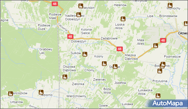 mapa Kosny, Kosny na mapie Targeo
