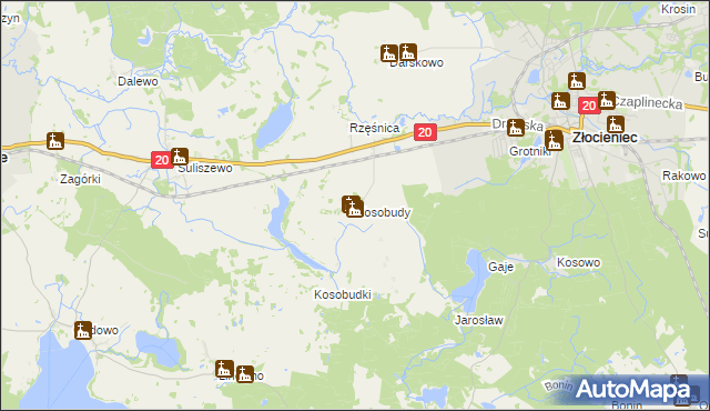 mapa Kosobudy gmina Złocieniec, Kosobudy gmina Złocieniec na mapie Targeo