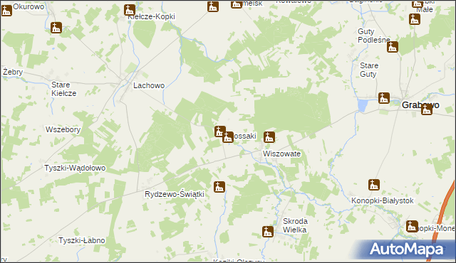 mapa Kossaki gmina Kolno, Kossaki gmina Kolno na mapie Targeo