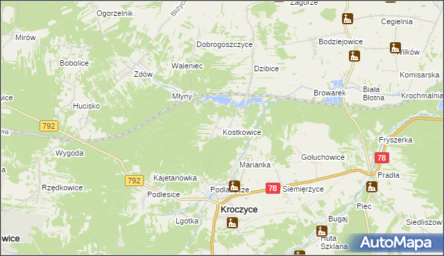 mapa Kostkowice gmina Kroczyce, Kostkowice gmina Kroczyce na mapie Targeo