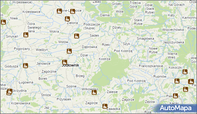 mapa Kostrza gmina Jodłownik, Kostrza gmina Jodłownik na mapie Targeo