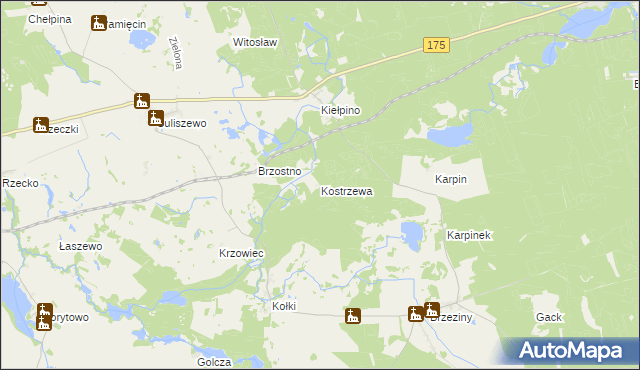 mapa Kostrzewa gmina Drawno, Kostrzewa gmina Drawno na mapie Targeo