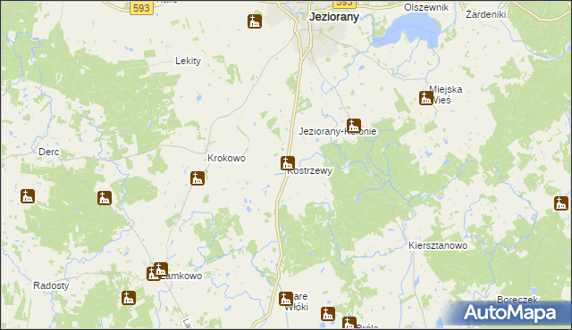 mapa Kostrzewy gmina Jeziorany, Kostrzewy gmina Jeziorany na mapie Targeo