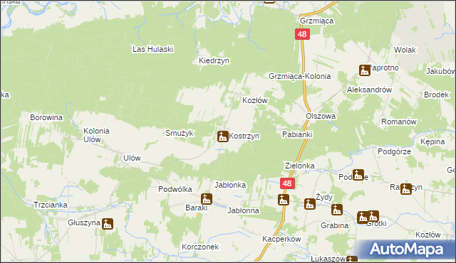 mapa Kostrzyn gmina Wyśmierzyce, Kostrzyn gmina Wyśmierzyce na mapie Targeo