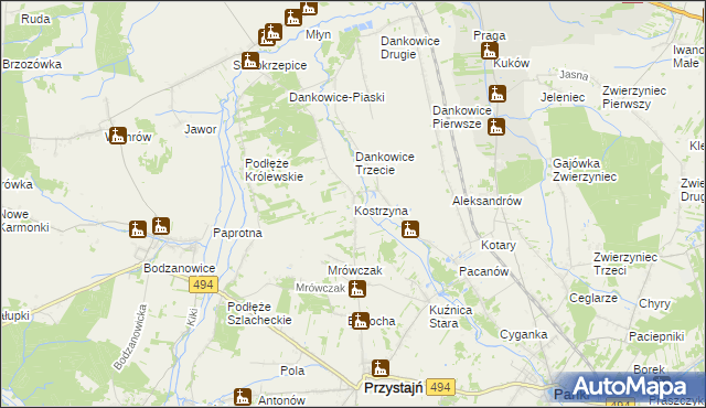 mapa Kostrzyna gmina Przystajń, Kostrzyna gmina Przystajń na mapie Targeo